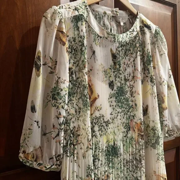 TED BAKER Women’s Dancing Leaves Sheer Pleated 3/4 Sleeved Blouse Sz US 10/L NWT - Picture 7 of 16